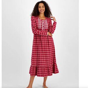 Charter Club Red Plaid Flannel Nightgown Long Sleeve Lace Trim NWT M